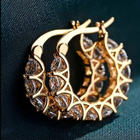 Stunning Gold Rhinestone Small Hoop Earrings - Picture 2 of 3